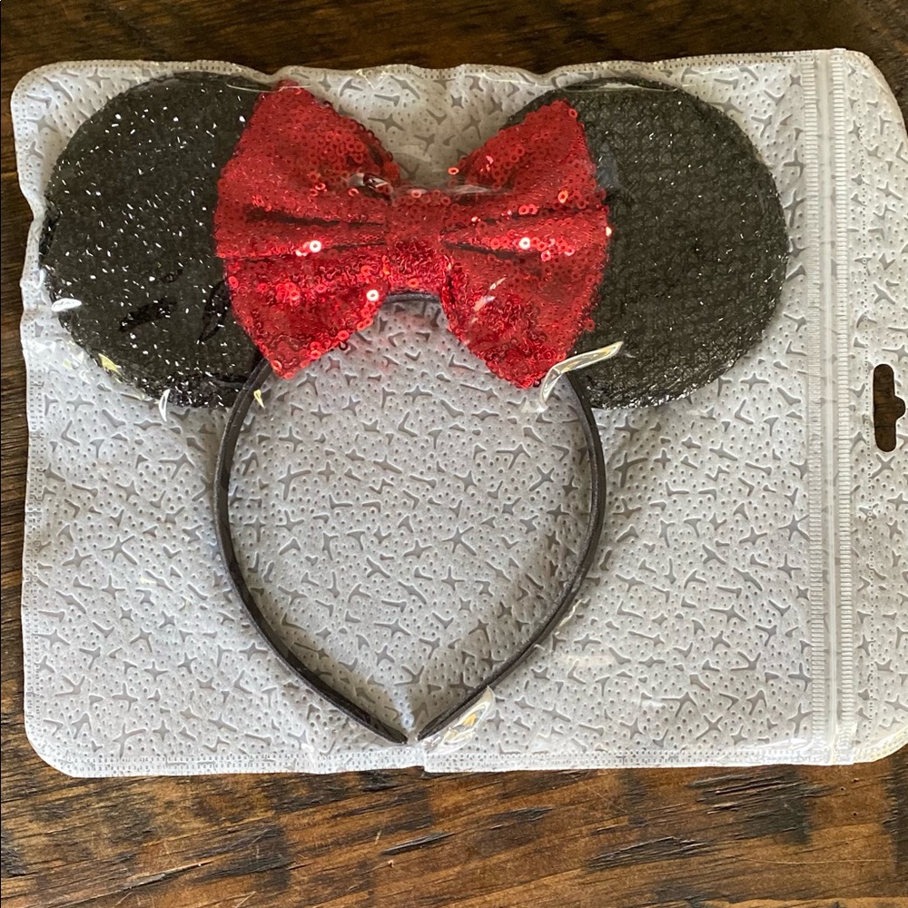 New Sequin Sparkly Mouse Ears Black Ears and Red Bow Headband